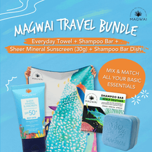 Load image into Gallery viewer, MAGWAI Travel Bundle | Beach Towel + Shampoo Bar + Reef Safe Sunscreen 30g + Shampoo Bar Dish