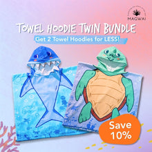 Load image into Gallery viewer, MAGWAI Towel Hoodie Twin Bundle for Kids - 2 in 1 Hooded Bath Towel Poncho Set (Shark & Turtle) | Soft 100% Cotton, Quick Drying, Cute Matching Gift for Kids
