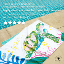 Load image into Gallery viewer, Lightweight, microfiber, quick-drying MAGWAI towel made from recycled plastic bottles, featuring the sea turtle-inspired design; ideal for gym, travel, yoga, and daily use