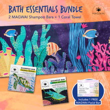 Load image into Gallery viewer, MAGWAI Bath Essential Bundle | 2 Shampoo Bars + Coral Beach Towel + 1pc Free Facial Bar