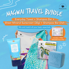 Load image into Gallery viewer, MAGWAI Travel Bundle | Beach Towel + Shampoo Bar + Reef Safe Sunscreen 30g + Shampoo Bar Dish + 1pc Free Facial Bar