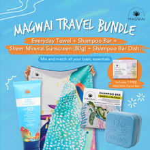 Load image into Gallery viewer, MAGWAI Travel Bundle | Beach Towel + Shampoo Bar + Reef Safe Sunscreen 80g + Shampoo Bar Dish + 1pcs Free Facial Bar