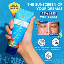 Load image into Gallery viewer, MAGWAI Coral Reef-Safe Sheer Mineral Sunscreen Broad Spectrum SPF50+ PA++++, Reduced White Cast, Water-Resistant, Lightweight and Non-Greasy, Dermatologically Tested, Hypoallergenic, Non-comedogenic or Non Pore-Clogging, Safe for kids, safe for pregnant moms, made in the Philippines, Filipino sunscreen