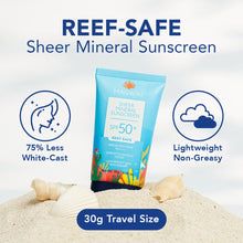Load image into Gallery viewer, MAGWAI sheer mineral reef safe sunscreen or sunblock travel-friendly 30g size with less white cast and broad spectrum spf50 pa++++, has lightweight non-greasy formula, keeps your face and body stay fresh.