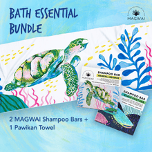 Load image into Gallery viewer, MAGWAI Bath Essential Bundle | 2 Shampoo Bars + Pawikan / Sea Turtle Beach Towel + 1pc Free Facial Bar