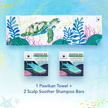 Load image into Gallery viewer, MAGWAI Bath Essential Bundle | 2 Shampoo Bars + Pawikan / Sea Turtle Beach Towel + 1pc Free Facial Bar