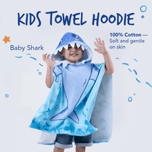 Load image into Gallery viewer, MAGWAI Towel Hoodie or Hooded Towel with Cape, or Towel Poncho, is made from 100% soft cotton that is gentle on baby skin. It is absorbent and made for kids for bath, shower, beach, pool. Baby shark design. In partnership with People and the Sea.