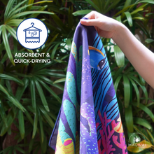 Load image into Gallery viewer, Eco-friendly MAGWAI quick-drying microfiber hand towel made from recycled plastic bottles, featuring the vibrant coral reef-inspired design; compact, soft, and ideal for travel, gym, or daily use