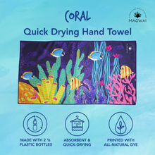 Load image into Gallery viewer, Eco-friendly MAGWAI quick-drying microfiber hand towel made from recycled plastic bottles, featuring the vibrant coral reef-inspired design; compact, soft, and ideal for travel, gym, or daily use