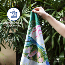 Load image into Gallery viewer, Eco-friendly MAGWAI quick-drying microfiber hand towel made from recycled plastic bottles, featuring the sea turtle-inspired design; compact, soft, and ideal for travel, gym, or daily use
