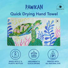 Load image into Gallery viewer, Eco-friendly MAGWAI quick-drying microfiber hand towel made from recycled plastic bottles, featuring the sea turtle-inspired design; compact, soft, and ideal for travel, gym, or daily use