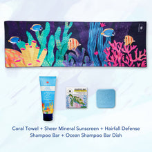 Load image into Gallery viewer, MAGWAI Travel Bundle featuring an Everyday Towel, Shampoo Bar, Shampoo Bar Dish, and Reef-safe sunscreen, promoting ocean-friendly products