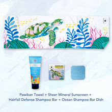 Load image into Gallery viewer, MAGWAI Travel Bundle featuring an Everyday Towel, Shampoo Bar, Shampoo Bar Dish, and Reef-safe sunscreen, promoting ocean-friendly products