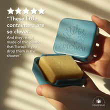 Load image into Gallery viewer, MAGWAI Shampoo Bar Dish made from recycled plastics, designed to keep shampoo bars dry and travel-friendly, available in aquamarine and ocean colors
