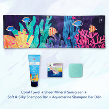 Load image into Gallery viewer, MAGWAI Travel Bundle featuring an Everyday Towel, Shampoo Bar, Shampoo Bar Dish, and Reef-safe sunscreen, promoting ocean-friendly products