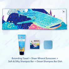 Load image into Gallery viewer, MAGWAI Travel Bundle featuring an Everyday Towel, Shampoo Bar, Shampoo Bar Dish, and Reef-safe sunscreen, promoting ocean-friendly products
