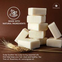 Load image into Gallery viewer, MAGWAI Scalp Soother Shampoo Bar with pH-balanced, sulfate-free formula; enriched with Tea Tree, Rosemary, and Lemongrass oils to cleanse and nourish the scalp, eco-friendly and safe for all hair types including curly hair (CGM friendly).
