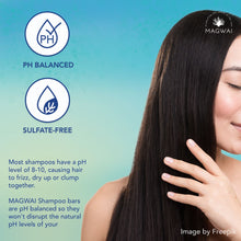 Load image into Gallery viewer, MAGWAI Scalp Soother Shampoo Bar with pH-balanced, sulfate-free formula; enriched with Tea Tree, Rosemary, and Lemongrass oils to cleanse and nourish the scalp, eco-friendly and safe for all hair types including curly hair (CGM friendly).
