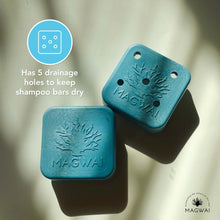 Load image into Gallery viewer, MAGWAI Shampoo Bar Dish made from recycled plastics, designed to keep shampoo bars dry and travel-friendly, available in aquamarine and ocean colors