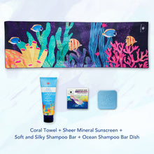 Load image into Gallery viewer, MAGWAI Travel Bundle featuring an Everyday Towel, Shampoo Bar, Shampoo Bar Dish, and Reef-safe sunscreen, promoting ocean-friendly products