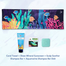 Load image into Gallery viewer, MAGWAI Travel Bundle featuring an Everyday Towel, Shampoo Bar, Shampoo Bar Dish, and Reef-safe sunscreen, promoting ocean-friendly products