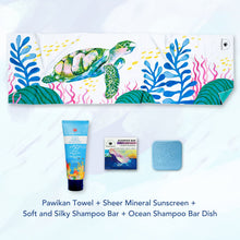 Load image into Gallery viewer, MAGWAI Travel Bundle featuring an Everyday Towel, Shampoo Bar, Shampoo Bar Dish, and Reef-safe sunscreen, promoting ocean-friendly products