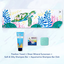 Load image into Gallery viewer, MAGWAI Travel Bundle featuring an Everyday Towel, Shampoo Bar, Shampoo Bar Dish, and Reef-safe sunscreen, promoting ocean-friendly products