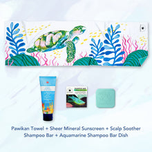 Load image into Gallery viewer, MAGWAI Travel Bundle featuring an Everyday Towel, Shampoo Bar, Shampoo Bar Dish, and Reef-safe sunscreen, promoting ocean-friendly products