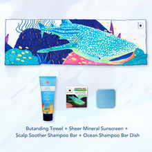 Load image into Gallery viewer, MAGWAI Travel Bundle featuring an Everyday Towel, Shampoo Bar, Shampoo Bar Dish, and Reef-safe sunscreen, promoting ocean-friendly products