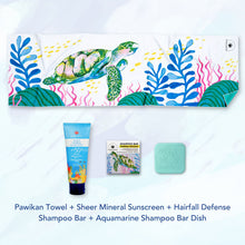 Load image into Gallery viewer, MAGWAI Travel Bundle featuring an Everyday Towel, Shampoo Bar, Shampoo Bar Dish, and Reef-safe sunscreen, promoting ocean-friendly products