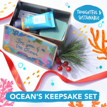 Load image into Gallery viewer, MAGWAI Ocean’s Keepsake Set | Rectangle Tin Gift Box + Shampoo Bar + Sunscreen 30g +Shampoo Bar Dish
