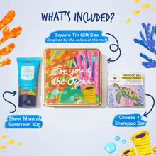 Load image into Gallery viewer, MAGWAI Coral Treasures Set | Square Tin Gift Box + Shampoo Bar + Sheer Mineral Sunscreen 30g
