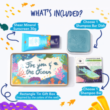 Load image into Gallery viewer, MAGWAI Ocean’s Keepsake Set | Rectangle Tin Gift Box + Shampoo Bar + Sunscreen 30g +Shampoo Bar Dish
