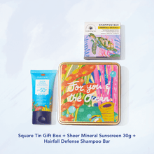 Load image into Gallery viewer, MAGWAI Coral Treasures Set | Square Tin Gift Box + Shampoo Bar + Sheer Mineral Sunscreen 30g
