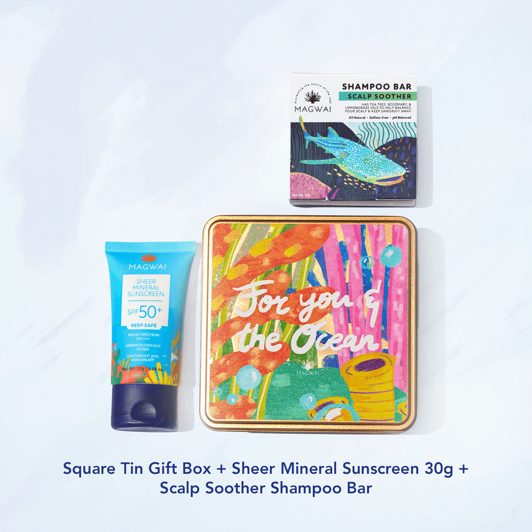 MAGWAI Coral Treasures Set | Square Tin Gift Box + Shampoo Bar + Sheer Mineral Sunscreen 30g