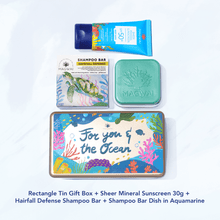 Load image into Gallery viewer, MAGWAI Ocean’s Keepsake Set | Rectangle Tin Gift Box + Shampoo Bar + Sunscreen 30g +Shampoo Bar Dish
