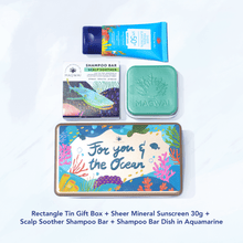 Load image into Gallery viewer, MAGWAI Ocean’s Keepsake Set | Rectangle Tin Gift Box + Shampoo Bar + Sunscreen 30g +Shampoo Bar Dish
