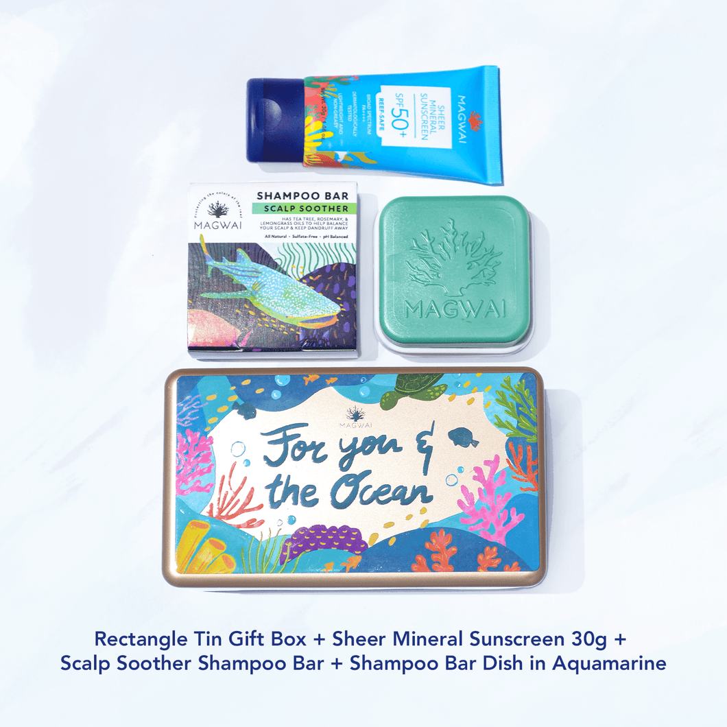 MAGWAI Ocean’s Keepsake Set | Rectangle Tin Gift Box + Shampoo Bar + Sunscreen 30g +Shampoo Bar Dish