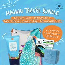Load image into Gallery viewer, MAGWAI Travel Bundle | 1 Everyday Towel + 1 Shampoo Bar + 1 Sheer Mineral Sunscreen 30ml + 1 Shampoo Bar Dish
