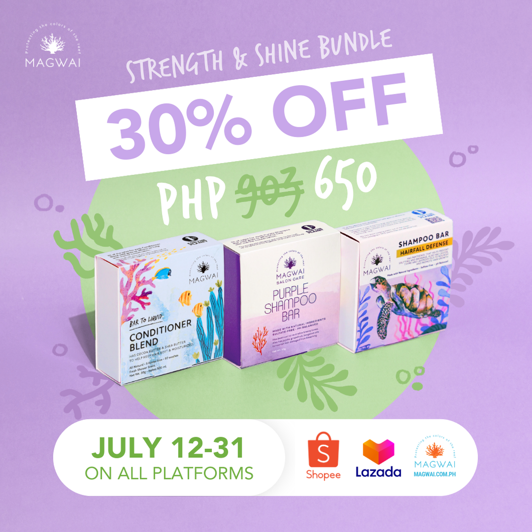 MAGWAI Strength and Shine Bundle | 1 Hairfall Defense + 1 Conditioner Blend + 1 Purple Shampoo