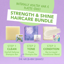 Load image into Gallery viewer, MAGWAI Strength and Shine Bundle | 1 Hairfall Defense + 1 Conditioner Blend + 1 Purple Shampoo
