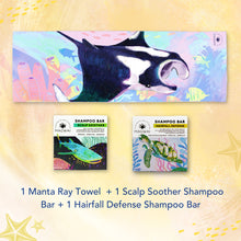 Load image into Gallery viewer, MAGWAI Bath Essential Bundle | 2 Shampoo Bars + Manta Ray Beach Towel
