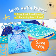 Load image into Gallery viewer, MAGWAI Shark Watch Bundle for Kids – Baby Shark Towel Hoodie + Whale Shark Beach Towel (Butanding) | 100% Cotton Hooded Bath Poncho, Quick Dry Swim &amp; Beach Set Did you know that the Butanding is actually a shark and not a whale?

