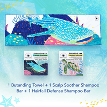 Load image into Gallery viewer, MAGWAI Bath Essential Bundle | 2 Shampoo Bars + 1 Butanding Design Towel
