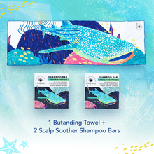 Load image into Gallery viewer, MAGWAI Bath Essential Bundle | 2 Shampoo Bars + 1 Butanding Design Towel
