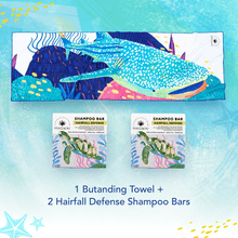 Load image into Gallery viewer, MAGWAI Bath Essential Bundle | 2 Shampoo Bars + 1 Butanding Design Towel
