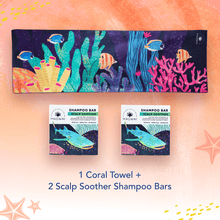 Load image into Gallery viewer, MAGWAI Bath Essential Bundle | 2 Shampoo Bars + 1 Coral Design Towel
