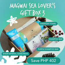 Load image into Gallery viewer, MAGWAI Christmas gift idea for mom, dad, family, friends, and loved ones. Includes reef-safe Sheer Mineral Sunscreen, Purple Shampoo bar for blonde hair, plastic-free Shampoo Bar, and quick dry, absorbent beach towel made from recycled plastic bottles.
