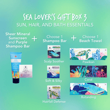 Load image into Gallery viewer, MAGWAI Christmas gift idea for mom, dad, family, friends, and loved ones. Includes reef-safe Sheer Mineral Sunscreen, Purple Shampoo bar for blonde hair, plastic-free Shampoo Bar, and quick dry, absorbent beach towel made from recycled plastic bottles.
