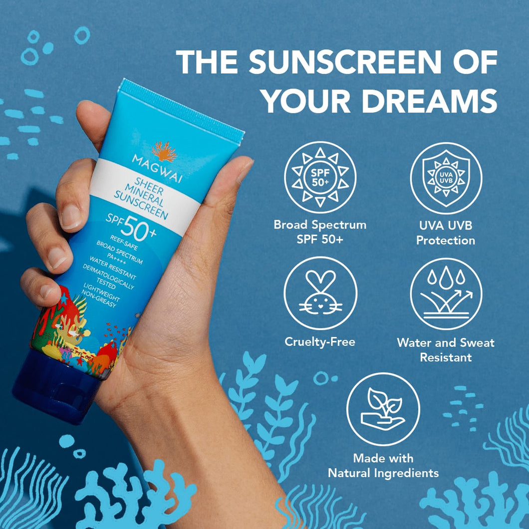 MAGWAI sheer mineral reef safe sunscreen or sunblock with less white cast and broad spectrum spf50 pa++++, has lightweight non-greasy formula, keeps your face and body stay fresh.